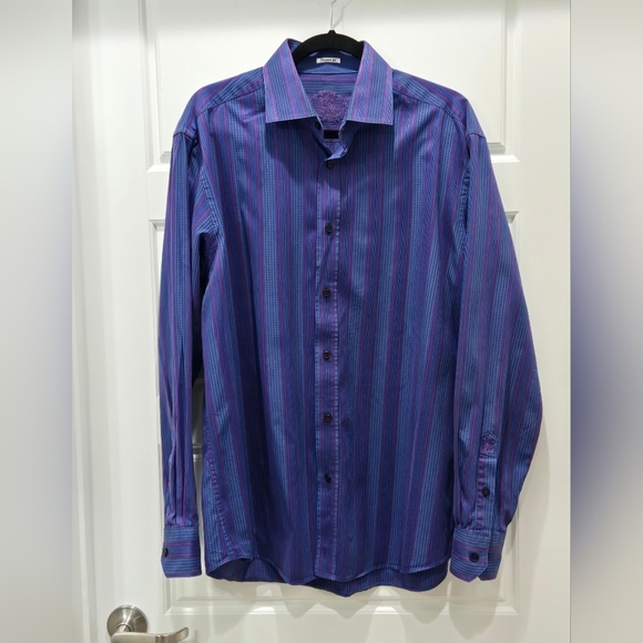 BUGATCHI BUTTON UP DRESS SHIRT FLIP CUFF BLUE & PURPLE STRIPE MEN XL SHAPED FIT - Picture 6 of 11